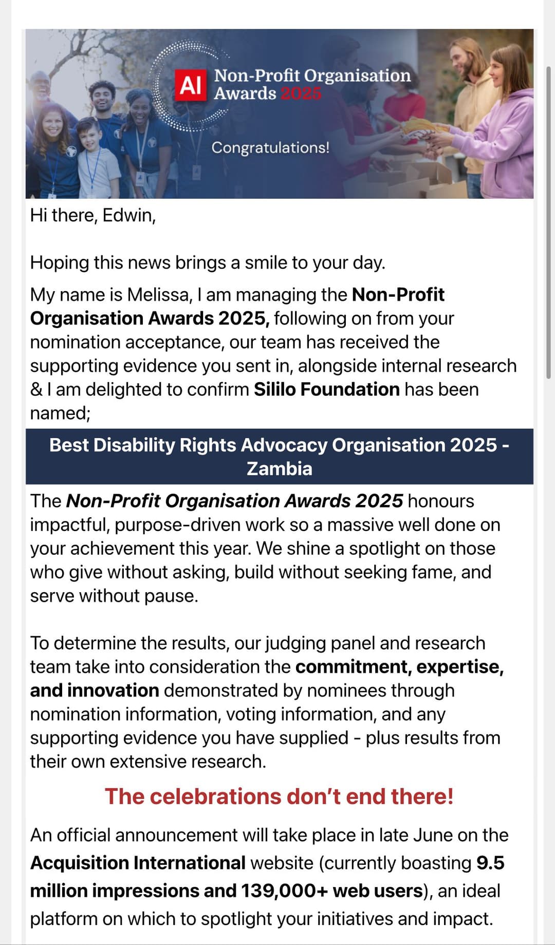 12th May, 2025 - Sililo Foundation Wins Prestigious Award for Disability Rights Advocacy